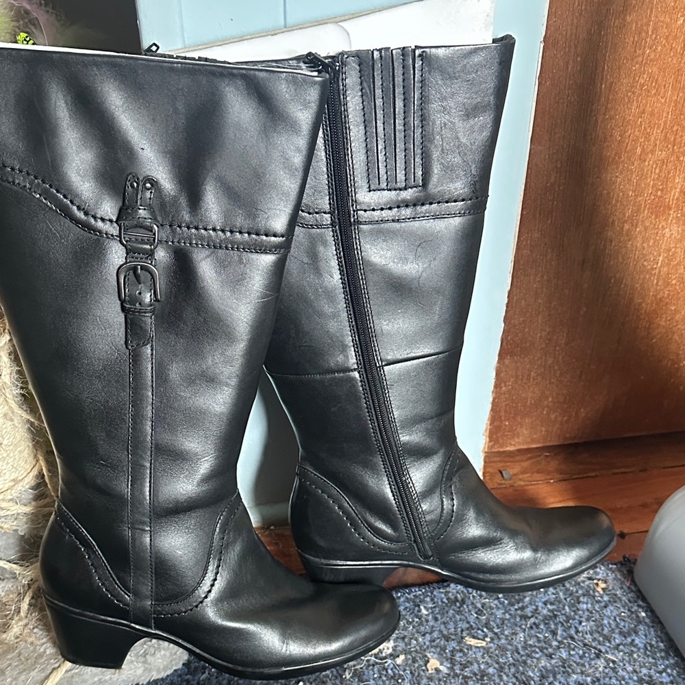 Clarks Black Leather Heeled Boots
